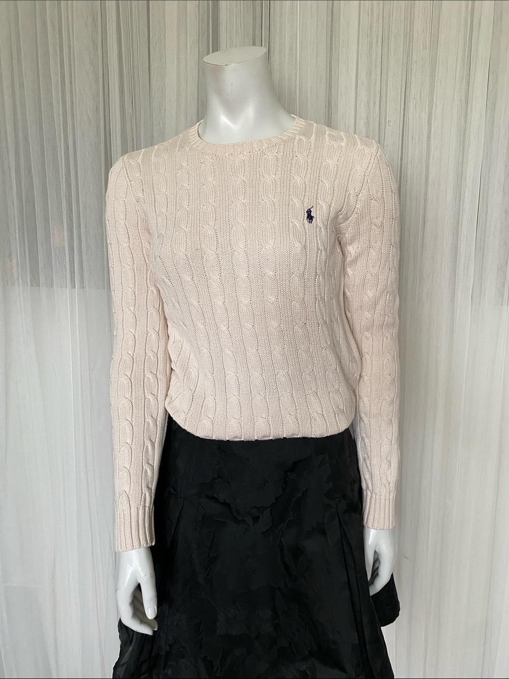 Ralph Lauren Beige Cable-Knit Crew Womenโs Sweater 100% Cotton Size M